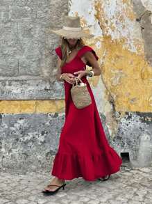 Vestidos de primavera y verano para mujeres, vestido de vacaciones rojo, moda casual, vestido sencillo y cómodo sin tirantes, diseño elegante con mangas de vuelo, vestidos largos para mujeres