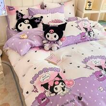 Sanrio 4pcs/Set Sanrio Kuromi Bedding Set, Cute Bedding, Warm And Soft 1 Quilt Cover + 2 Pillowcases + 1 Sheet, Soft And Comfortable Durable Bedroom Bedding, Does Not Include Quilt And Pillowcase, 78.74''*90.55'', Purple