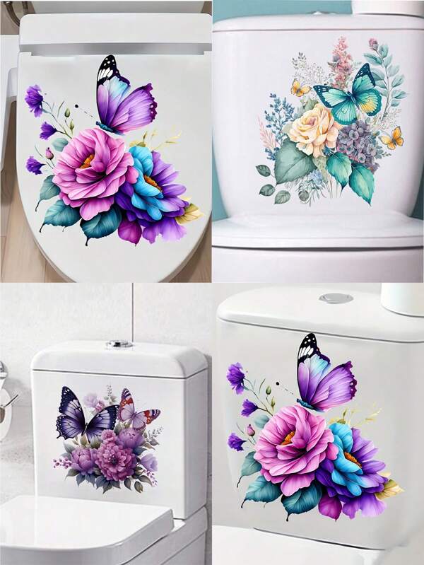 1pc Creative Flower And Butterfly Toilet Wall Sticker, For Toilet Decoration Wall Decal, Vinyl Decal For Home Decorations, Toilet Decoration Items Refresh Your Home Stickers