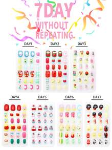 (168pcs 7 Packs) And (24pcs 1 Pack) Children's Acrylic False Nails Press-On Pre-Glued Full Cover Glitter Cute Everyday Food, Macron Biscuits, Small Cakes, Pizza, French Fries, Strawberries, Cherries Other Elements Short Children's Stick-On False Nails Set Suitable For Children Little Girls - Cute Simple Food Festival Party Theme Nail Diamond - Multicolor - View 14