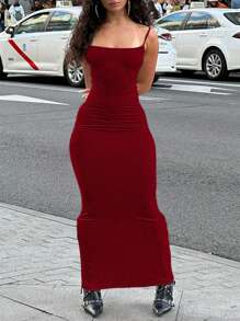 Sedessea Women's Sexy Spaghetti Strap Bodycon Mini Ribbed Dress, Spring/Summer - Red - View 5