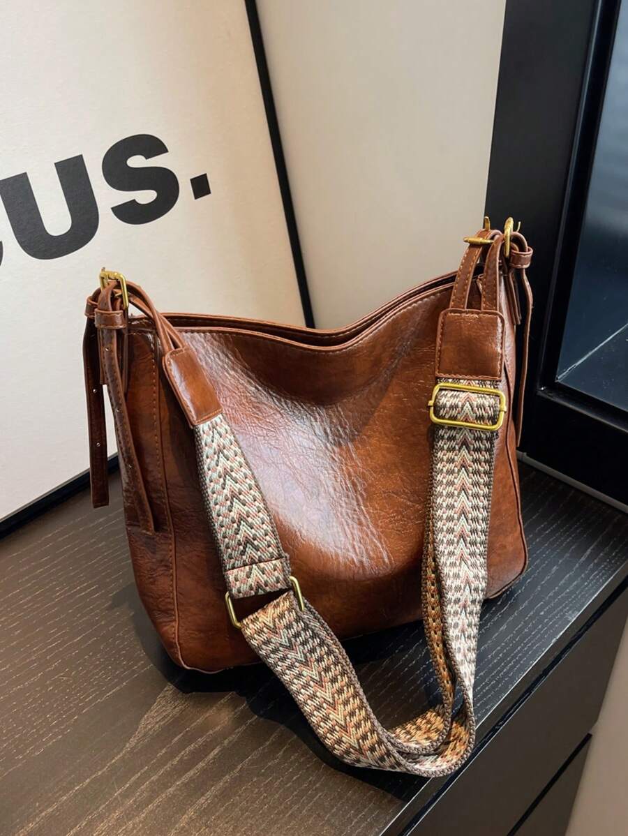 时尚大容量单肩包，百搭女士水桶包 - 棕色 - 查看 1