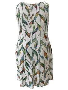 大码女式休闲度假风格无袖连衣裙，带口袋，夏季印花