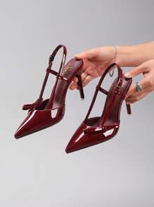 Zapatos de tacón alto con lazo para mujer, zapatos de tacón sexy con puntera puntiaguda para fiestas y eventos, brillante color vino tinto - Burdeos - Ver 4