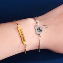 1Pc Stainless Steel Heart Round Charm Customize Text Photo Women Girls Link Chain Bracelet Personalized Jewelry Length 18cm+5cm