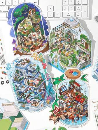 Set de 3 piezas de pegatinas decorativas en miniatura de PET 2.5D tipo diorama, Serie "Open Now", adecuado para oficina, hogar, marcado, etiquetas, salón de clases, juguetes, manualidades de estudiantes, útiles escolares, vuelta al cole