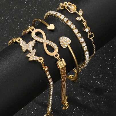 5pcs Set Of Fashionable, Simple, Exquisite, Elegant Butterfly, Heart, Flower, Tulip, Water Drop Rhinestone Studded, Sparkling Infinity Symbol Charm Bracelets, Suitable For Festivals, Parties, Dates, Gifts