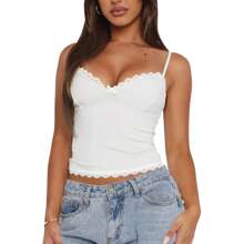 Women Spaghetti Strap Camisoles Summer Crop Tops Lace Trim V-Neck Sleeveless Backless Tank Tops Summer Vests Beachwear - 白色 - 查看 3