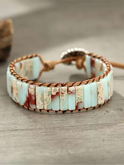 Vòng tay da PU bện nhiều lớp đính đá hình vuông phong cách Bohemian cho nữ
