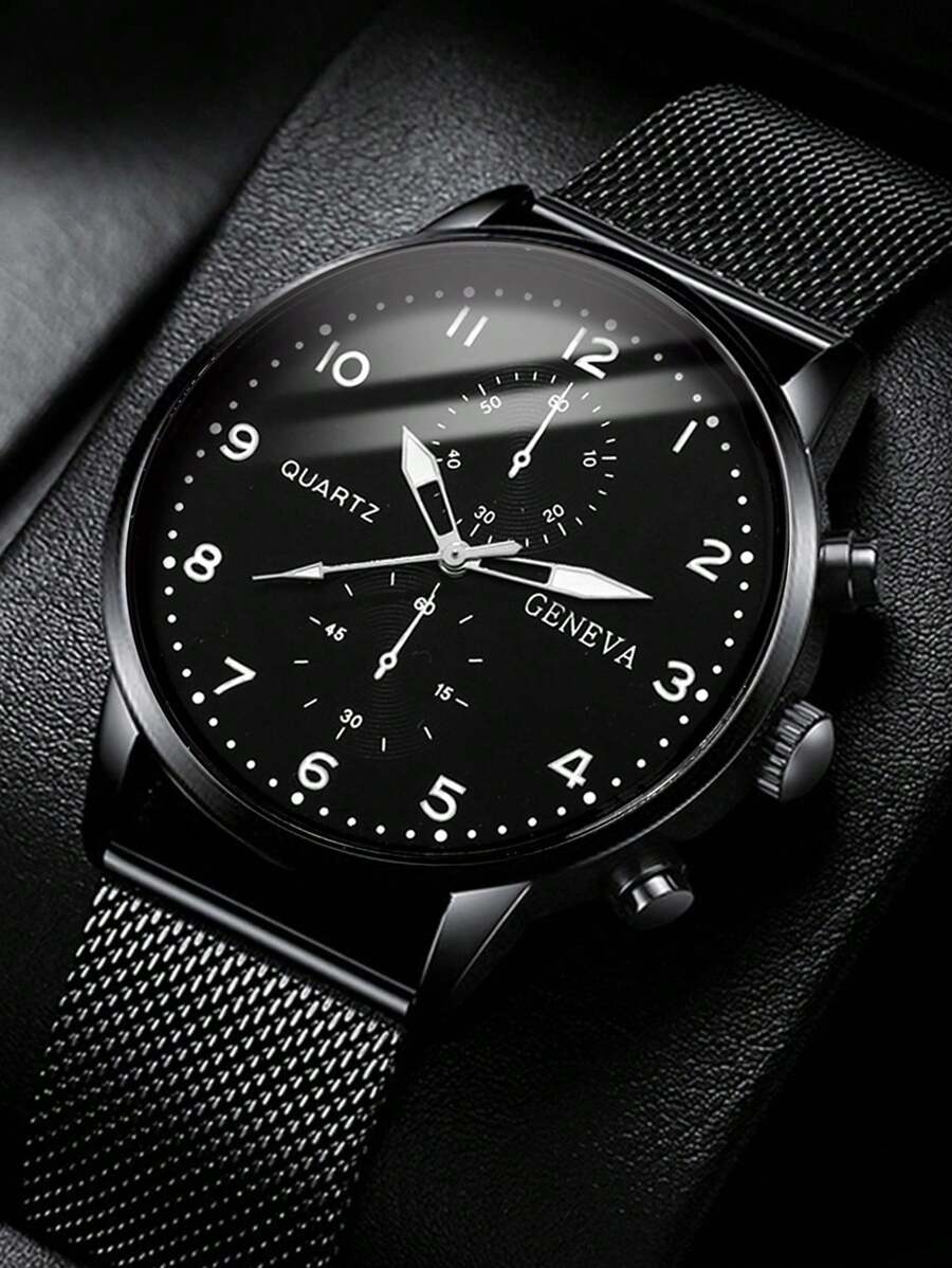1 件装休闲男士石英表，简约圆形表盘，金属网状表带，男士最佳礼物，适合假日和日常佩戴