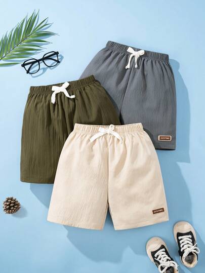 Conjunto informal de 3 piezas para niños pequeños, estilo callejero, de color liso, con pantalones cortos tejidos con diseño minimalista de letras