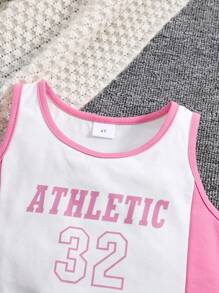 Girls Letter Print Decorated Contrast Color Splicing Mesh Skort Set With Round Neck Vest Top, Fashionable Sporty Style - Pink - View 3