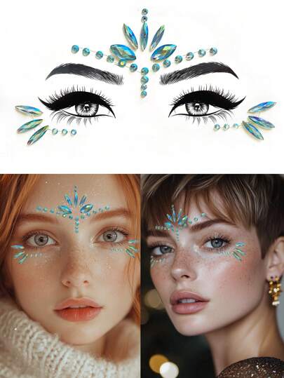 (1 张) 多色水钻脸部宝石，蓝色化妆化妆舞会节日节日姐妹脸部装饰防水持久仿珠宝 Y2K