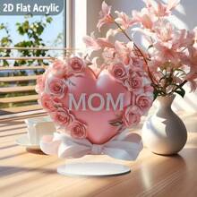 一件 2D 平面物品。2D 平面波西米亚水晶玫瑰和心形装饰盘和装饰品，用于桌面展示，上面写着“妈妈”字样。它可作为家庭和办公室的装饰品，也是一件多功能的母亲节礼物，适合桌面装饰和花园装饰。