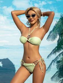 1pc Women's Solid Color Halter Tie Strap 2-Piece Bikini Swimwear, New Ruffled Bikini Set, Cross-Border, For Summer Beach Vacation - Light Green - View 8