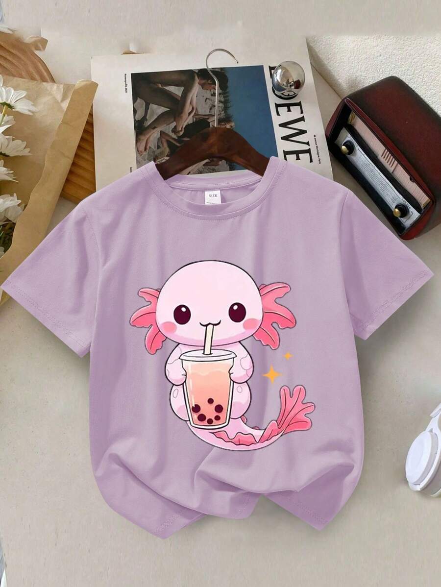 Áo thun cổ tròn in logo cô gái trẻ dễ thương cầm ô, thường ngày, mùa hè - Màu tím - Xem 1