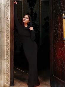 Women's Fashion Casual Long Sleeve Hooded Arabic Style Slim Fit Long Dress - 黑色 - 查看 3