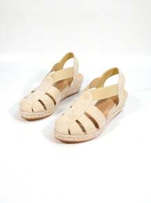 女士时尚黑色编织草绳镂空休闲度假厚底凉鞋 - 杏色 - 查看 7