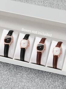 Bộ 4 chiếc đồng hồ thạch anh mặt vuông cổ điển dành cho nữ và dây da thời trang thanh lịch, không bao gồm hộp đựng đồng hồ - Nhiều màu - Xem 1