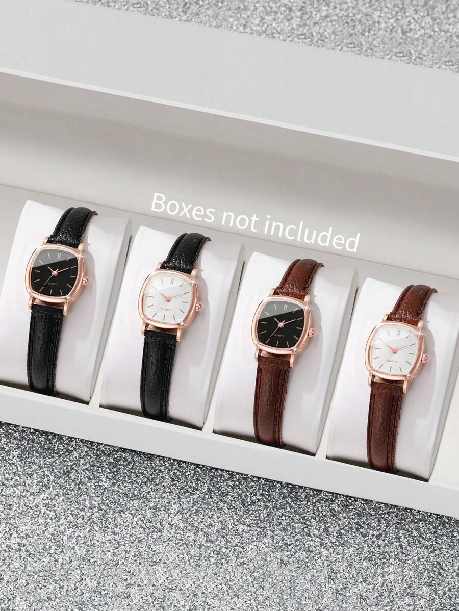 Bộ 4 chiếc đồng hồ thạch anh mặt vuông cổ điển dành cho nữ và dây da thời trang thanh lịch, không bao gồm hộp đựng đồng hồ - Nhiều màu - Xem 1