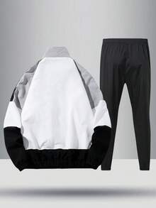 一套男士撞色休闲运动夹克，立领设计，宽松拼接运动套装上衣和裤子，春秋季两件套。 - 淺灰色 - 查看 2