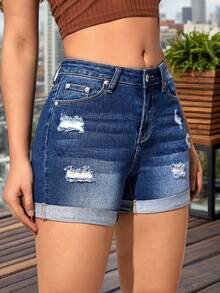 Pantalones cortos de mezclilla simples y diarios con huecos para mujeres, Shorts Mezclilla Stretch Bajo Doblez para mujeres - Azul - Ver 4