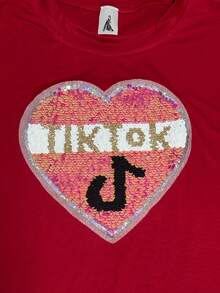 Blusa Grafica de Cuello Redondo con Estampado de Tt en Forma de Corazon 3D en Relieve - Rojo - Ver 4