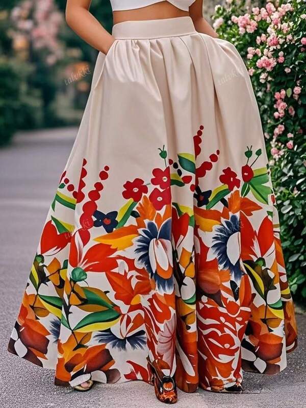 Women Floral Print Pleated A-Line Casual Skirt For Daily Wear