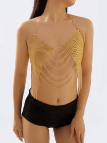 1pc Metal Chain Hollow Tassel Pendant Necklace,Fashion Exaggerated Elegant Women Shirt Chain - Gold - View 4