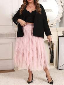 Plus Size Elegant Solid Color Asymmetrical Ruffle & Mesh Layered Skirt - Dusty Pink - View 5