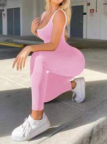 Yefecy Women's Yoga Ribbed One Piece Tank Tops Rompers Sleeveless Exercise Jumpsuits Shapewear Bodysuit - Pink - View 4