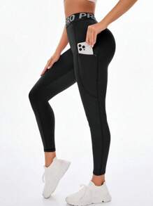 New Arrival Letter Waist Yoga Pants, Women'S Butt Lifting High Waisted Workout Leggings With Pockets, Black Side Pockets Design, Suitable For Outdoor Leisure, Fitness, Daily Wear Tights - Black - View 5