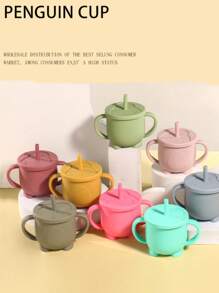 Customized Baby Silicone Double Ear Straw Cup, Drop Resistant And High Temperature Resistant Baby Drinking Cup, Penguin Water Cup, Feeding Utensils