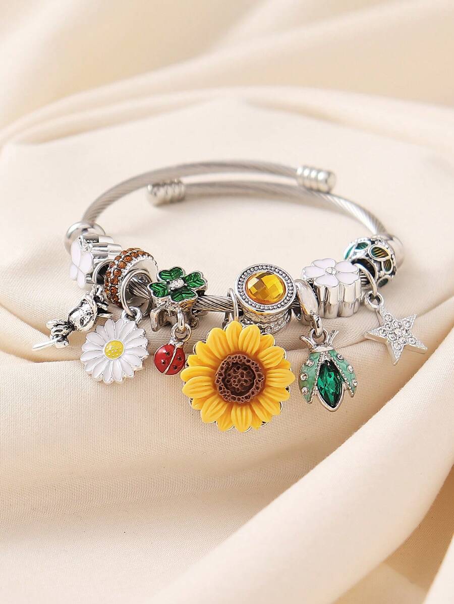 1 件优雅优质手工水钻花朵、星星、玫瑰、皱褶雏菊、向日葵、甲虫吊坠不锈钢手镯，百搭女士礼物，适合海滩、派对、休闲装 - 彩色 - 查看 1