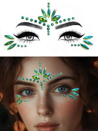 (1sheet) Colorful Face Rhinestone Stickers, Green Makeup Masquerade Party Holiday Celebrate Face Decorative Waterproof Fake Stickers Y2K