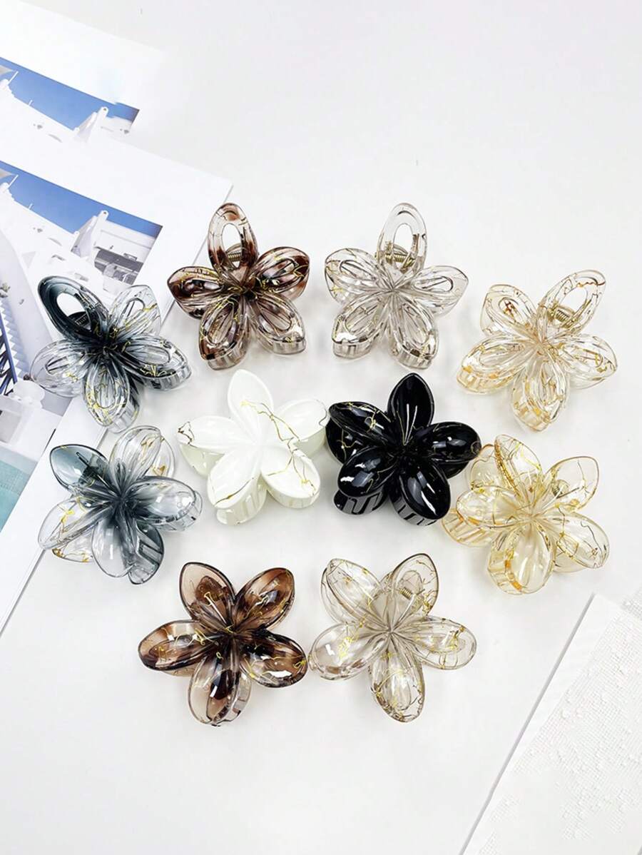 Blumen Bad Haarklammern Set mit 6 - matte & transparente Kunststoff Haarspangen für Frauen - wasserbeständiges tägliches/Party Zubehör - 4 Farben (Schwarz/Weiß/Braun/Klar) leichtes Geschenk für Sie Geburtstag/Jahrestag Einschulung - Verschiedenfarbig - Übersicht 1