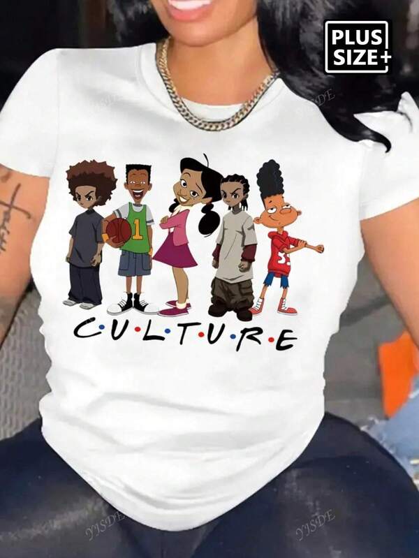 Plus Size Cartoon Character Casual Digital Print Women T-Shirts