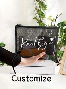 Personalized Name Black Makeup Bag Bridal Shower Bachelorette Party Bride Future Wife Wedding Engagement Bridesmaid Bridesmaid Bride Groom Mother Gift Makeup Bag, Mesh Bag, Mesh Beauty Bag, Must-Have For Postmen, Must-Have For Back To School, Suitable For Travel, Vacation, Wedding, College, Mother's Day Gift