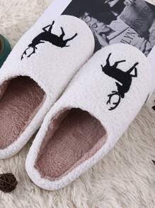 Outono/Inverno Novos Chinelos Grossos Forrados Térmicos Nó Morango & Veado, Pantufas Planas Antiderrapantes Quentes para Casa, Casais e Roupas de Maternidade - Preto - Ver 2