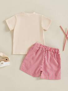 Conjunto de Ropa de Bebé y Niño Pequeño para el 4 de Julio - Camiseta con bordado de bandera americana + Pantalones cortos a cuadros, Atuendos adorables de verano para el Cuatro de Julio - Albaricoque - Ver 5