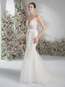 Fish Tail Big V-Back Wedding Dress Shoulder Strap Design Style Wedding Dress Lawn Wedding Outdoor Wedding Dress Bow Belt Design Wedding Dress Lace Style Wedding Dress,Bride - White - View 5