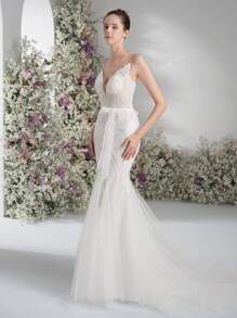 Fish Tail Big V-Back Wedding Dress Shoulder Strap Design Style Wedding Dress Lawn Wedding Outdoor Wedding Dress Bow Belt Design Wedding Dress Lace Style Wedding Dress,Bride