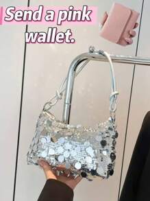 1pc Gold Color Crescent Moon Shape Glitter PVC Shoulder Bag For Women, New Send A Pink Wallet. - Silver - View 8