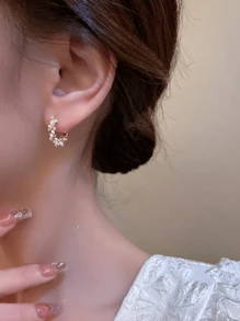 1 Pair Delicate Minimalist Pearl Hoop Earrings, Great Gift For Girlfriend - Gold - View 6