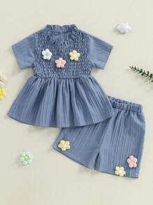 Toddler Girls Summer Outfit Crochet Flowers Short Sleeves T-Shirt And Elastic Shorts Set Cute 2 Piece Clothes - Blue - View 6