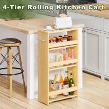 MARTY Rolling Storage Cart 7.9" W, 4-Tier Kitchen Cart With Wheels Handle, Slim Storage Cart Mobile Shelving Utility Carts For Bathroom Laundry Room Organization Narrow Places (Maple)