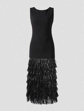 黑色圆领无袖流苏拼布下摆长款晚礼服