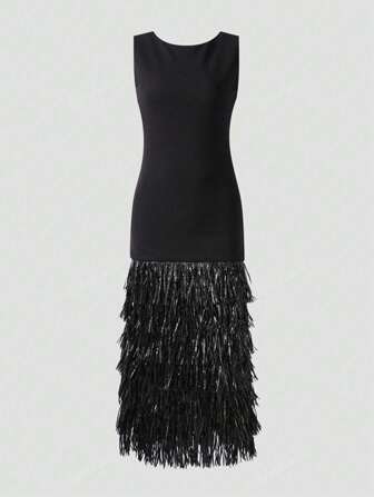 Black Round Neck Sleeveless Tassel Patchwork Hem Long Evening Dress
