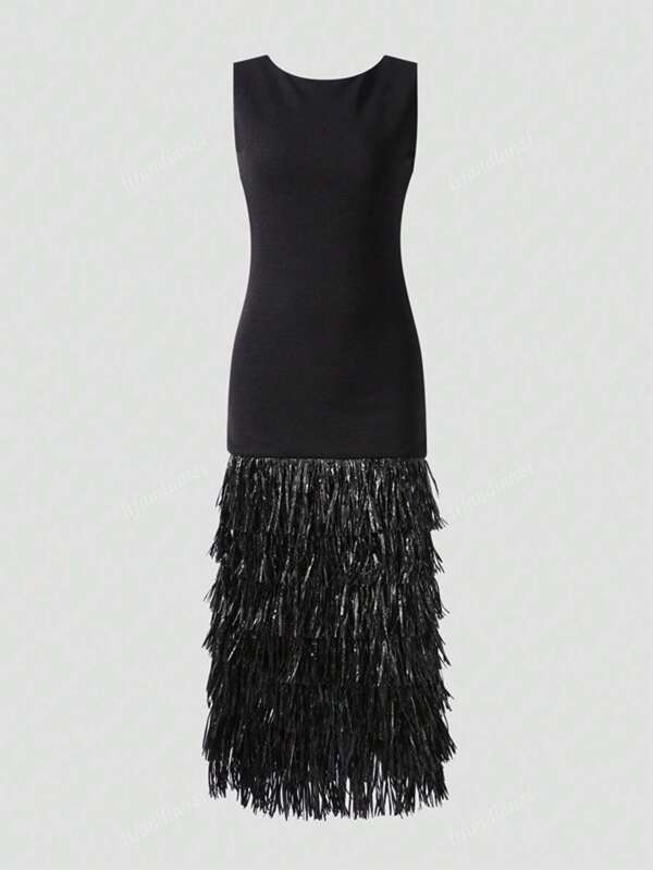 Black Round Neck Sleeveless Tassel Patchwork Hem Long Evening Dress