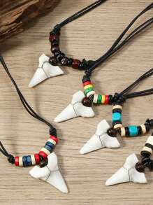 1pc Women's Fashionable Wooden Bead Shark Tooth Necklace, Retro Bohemian Jewelry, Suitable For Summer Holiday Surfing